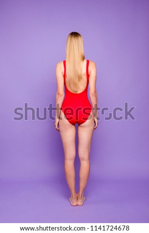 Full style size behind view photo portrait of beautiful lovely stunning lady with long haircut wearing bright modern stylish swimsuit isolated bright background