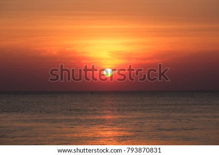 Full sun with sunset sky, sunset today and sunset tonight, sunset saturday in the Chaolao Beach Chanthaburi Thailand.