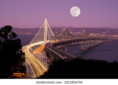 Full, Super Moon And San Francisco New Bay Bridge At Night