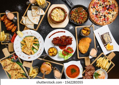 Full Table Of Food Top View Flat Lay Pizza Bbq Burger Fries Pasta 