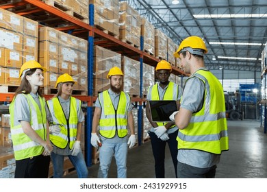 Full team engineering warehouse worker meeting brainstorm. Teamwork professional workshop in warehouse store. Logistics factory industry supervisor manufacture. business logistics and transport. - Powered by Shutterstock