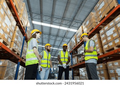 Full team engineering warehouse worker meeting brainstorm. Teamwork professional workshop in warehouse store. Logistics factory industry supervisor manufacture. business logistics and transport. - Powered by Shutterstock