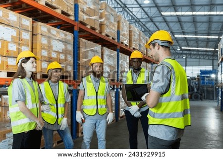 Full team engineering warehouse worker meeting brainstorm. Teamwork professional workshop in warehouse store. Logistics factory industry supervisor manufacture. business logistics and transport.