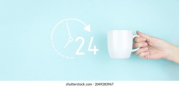 Full Time Service Concept. Girl Hand Hold Morning Coffee Cup With Sign 24 7 All Day All Night Icon On Blue Background