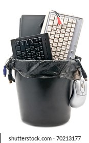 Full Trash Of Used Computer Hardware. Notebook, Keyboards, Cables... Isolated On White