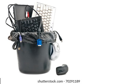 Full Trash Of Used Computer Hardware. Notebook, Keyboards, Cables... Isolated On White