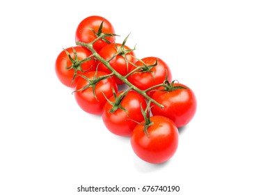 Full View Of A Hothouse Tomatoes , Isolated On A White Background. Fresh, Ripe, And Bright Red Tomatoes With Leaves. Fresh Vegetables.