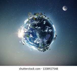 Full View Of Planet Earth From The Space. Half Day And Night Concept. Fauna And Flora In Ecosystem. Some Elements By NASA Images.