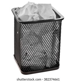 Full Wire Mesh Trash Can With Crumpled Paper Isolated On White Background