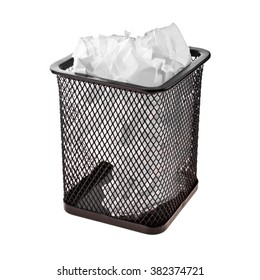 Full Wire Mesh Trash Can With Crumpled Paper Isolated On White Background