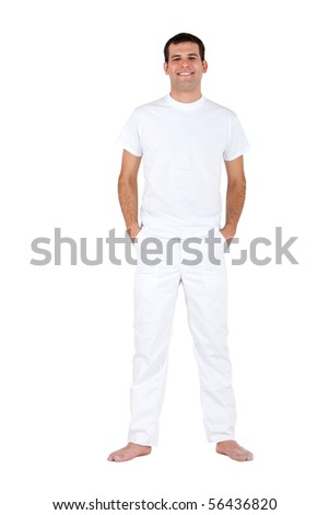 Similar – Man standing barefoot on a wooden walkway