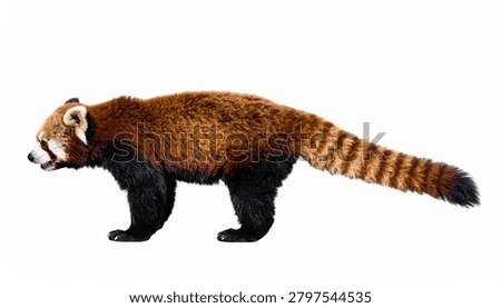 A full-body side view of a red panda walking, showcasing its distinctive reddish-brown fur, striped tail, and dark underbelly, isolated on white background.