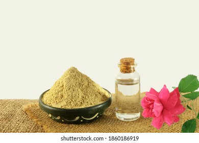 Fuller Earth Or Multani Mitti For Herbal Ayurvedic Face Pack With Rose And Rosewater Bottle