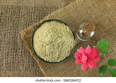 Fuller Earth Or Multani Mitti For Herbal Ayurvedic Face Pack With Rose And Rosewater Bottle