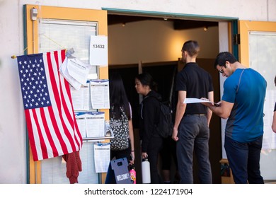 Fullerton, California / USA - November 6, 2018: Voters Wait In Line At A Fullerton Polling Place To Vote In The 2018 Midterm Elections. 