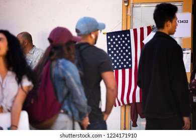 Fullerton, California / USA - November 6, 2018: Voters Wait In Line At A Fullerton Polling Place To Vote In The 2018 Midterm Elections. 