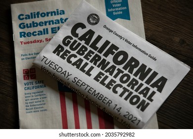 Fullerton, California, USA - September 3, 2021: Natural light shines on voter materials for the Gavin Newsom Gubernatorial Recall Election.