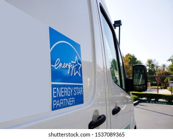 Fullerton, California/United States - 10/10/2019: A Van Featuring The Energy Star Logo On The Side Wall