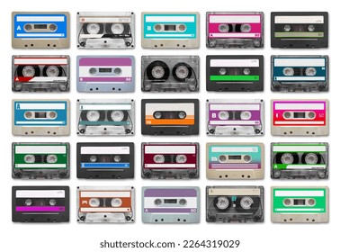 Full-frame close-up on 25 audio cassettes isolated on white background.