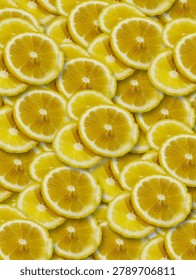 A full-frame, overhead composition showcasing overlapping, juicy lemon wheels pattern with glowing pulp and crisp white rinds, evoking a zesty, high-energy summer ambiance.