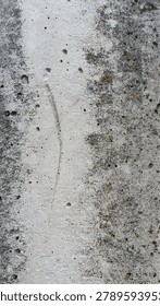 A full-frame texture of a weathered concrete surface featuring a clean, light-colored central streak flanked by dark, grime-covered edges with yellow lichen.