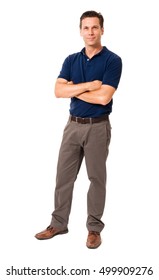 Full-length Business Causal Male Man Businessman In Blue Polo Shirt With Arms Crossed Isolated On White Background