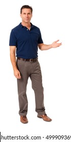 Full-length Business Causal Male Man Businessman In Blue Polo Shirt Gesturing Explaining Showing Speaking Demonstrating Isolated On White Background