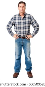 Full-length Casual Workman Serviceman Tradesman In Plaid Flannel Shirt Isolated On White Background