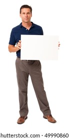 Full-length Causally Dressed Male Man Businessman In Blue Polo Shirt With Blank Sign Card Placard Isolated On White Background