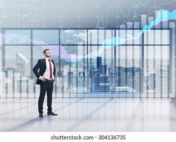 Full-length confident person in formal suit. A modern panoramic office with New York city view and forex chart. A concept of the asset management. - Shutterstock ID 304136735