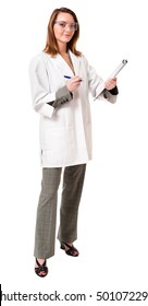 Full-length Doctor Scientist Researcher Chemical Engineer In Lab Coat And Safety Glasses With Clipboard Isolated On White Background