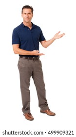 Full-length Male Man Business Casual Salesman Ceo Businessman In Blue Polo Shirt Gesturing Showing Presenting Explaining Isolated On White Background