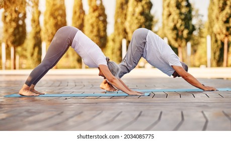 Full-length Photo Of Elderly Family Couple Senior Husband And Wife Practicing Yoga Outside, Standing In Downward Facing Dog Adho Mukha Svanasana Pose In City Park. Healthy Lifestyle In Retirement