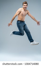 Fulllength Photo Funny Man Running Jumping Stock Photo 1304714080 ...