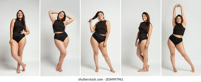 Full-length portrait of beautiful smiling woman in inner wear posing over white studio background. Body positive matter concept. Body care routine. Smooth skin. Beauty, health, skincare, epilation, ad