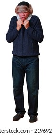 Full-length Portrait Of A Freezing Person. Man Dressed In Jeans, Sweater And Hat. Can Be Used As An Illustration Of A Cold Winter And High Utility Bills. Isolation On A White Background. Clipping Path