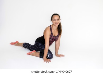 Full-length Portrait On White Background Of Beautiful Pretty Fitness Girl Woman In Trendy Tennis Sport Uniform, With Different Emotions In Different Poses, Shows Hands. Smiles. Stylish Trendy Youth.