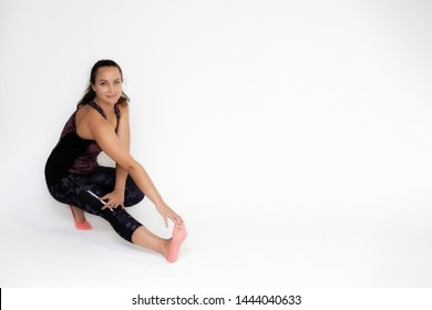 Full-length Portrait On White Background Of Beautiful Pretty Fitness Girl Woman In Trendy Tennis Sport Uniform, With Different Emotions In Different Poses, Shows Hands. Smiles. Stylish Trendy Youth.