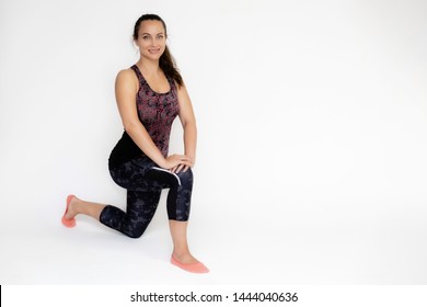 Full-length Portrait On White Background Of Beautiful Pretty Fitness Girl Woman In Trendy Tennis Sport Uniform, With Different Emotions In Different Poses, Shows Hands. Smiles. Stylish Trendy Youth.