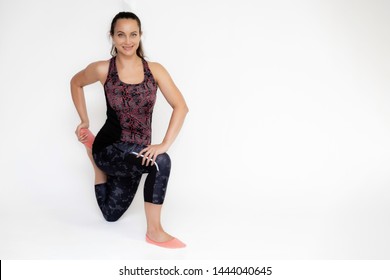 Full-length Portrait On White Background Of Beautiful Pretty Fitness Girl Woman In Trendy Tennis Sport Uniform, With Different Emotions In Different Poses, Shows Hands. Smiles. Stylish Trendy Youth.