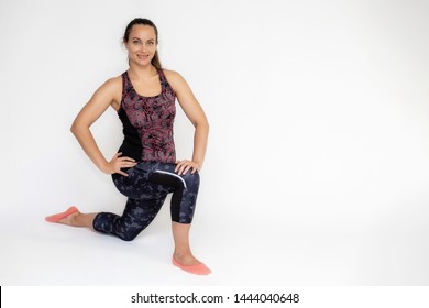 Full-length Portrait On White Background Of Beautiful Pretty Fitness Girl Woman In Trendy Tennis Sport Uniform, With Different Emotions In Different Poses, Shows Hands. Smiles. Stylish Trendy Youth.