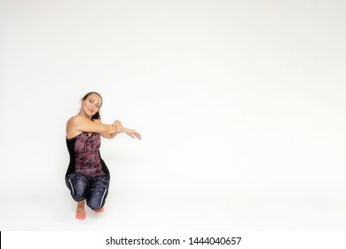 Full-length Portrait On White Background Of Beautiful Pretty Fitness Girl Woman In Trendy Tennis Sport Uniform, With Different Emotions In Different Poses, Shows Hands. Smiles. Stylish Trendy Youth.