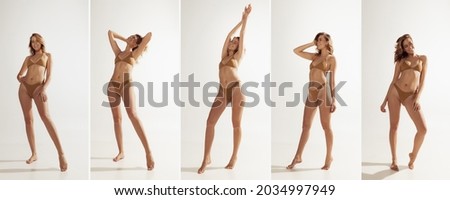 Full-length portrait of slim beautiful woman in inner wear attractively posing isolated over white studio background. Body care routine. Smooth skin. Concept of beauty, health, skincare, epilation, ad
