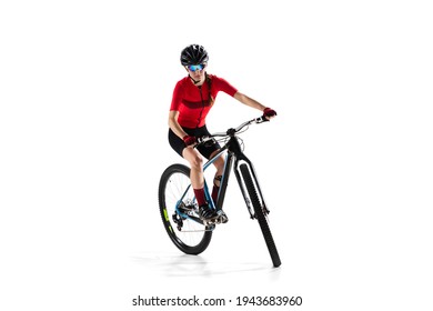 Full-length Portrait Of Young Woman, Professional Bicyclist With Road Bike, Cycle Isolated Over White Background.. Concept Of Sport, Acton, Motion, Speed, Race, Healthy Lifestyle. Copy Space For Ad.