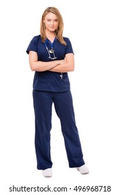 Full-length Pretty Female Woman Doctor Nurse Practitioner In Blue Scrubs With Stethoscope And  Arms Crossed Isolated On White Background