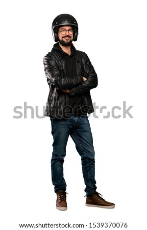 Full-length shot of Biker man with glasses and happy over isolated white background