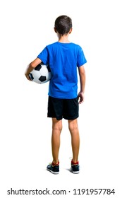 A Full-length Shot Of Boy Playing Soccer In Back Position On Isolated White Background