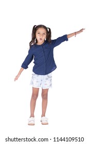 Full-length shot of a lovely little girl wearing a casual outfit, spreading her arms want to fly, isolated on a white background
