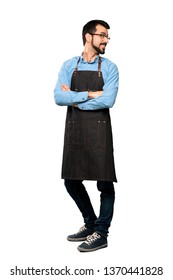 Full-length Shot Of Man With Apron With Arms Crossed And Happy Over Isolated White Background