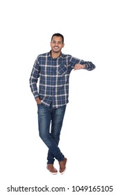 A Full-length Shot Of A Young Man Standing Crossed Leg Hand In The Based Act Like Lean His Elbow On The Wall, Isolated On A White Background.